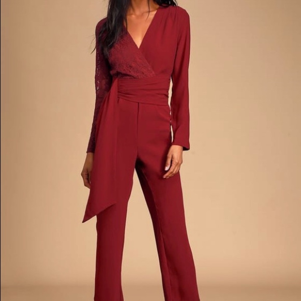 LULU’s Burgundy Lace Long Sleeve Jumpsuit